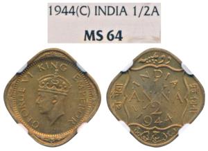 George VI, Cupro-Brass ½ Anna, 1944, Calcutta Mint. Graded by NGC MS64.