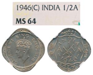 George VI, Cupro-Nickel ½ Anna, 1946, Calcutta Mint. Graded by NGC MS64.