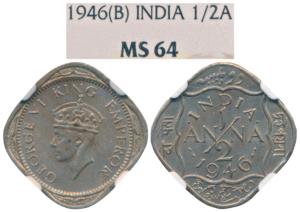 George VI, Cupro-Nickel ½ Anna, 1946, Bombay Mint. Graded by NGC MS64.