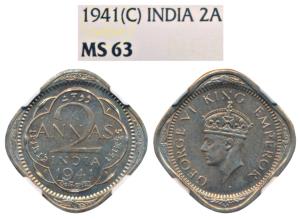 George VI, Cupro-Nickel 2 Annas, 1941, Calcutta Mint. Graded by NGC MS63.