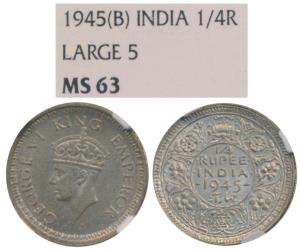 George VI, Half Silver ¼ Rupee, 1945, Bombay Mint, Rev III / dot, Large and Open 5, (Prid 