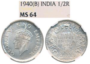 George VI, Half Silver ½ Rupee, 1940, Bombay Mint, (Prid 354). Graded by NGC MS64.