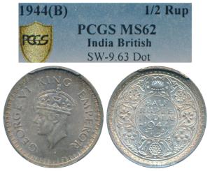 George VI, Half Silver ½ Rupee, 1944, Bombay Mint. Graded by PCGS MS62.