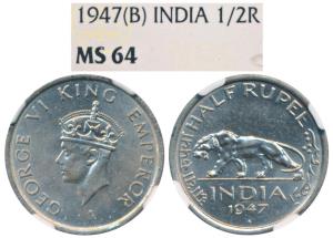 George VI, Nickel, ½ Rupee, 1947, Bombay Mint. Graded by NGC MS64.