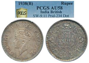George VI, Silver Rupee, 1938, Bombay Mint, A / I / with dot, (Prid 234). Graded by NGC AU