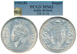 George VI, Half Silver Rupee, 1941, Bombay Mint, A / I without dot. Graded by PCGS MS63.