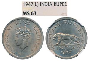 George VI, Cupro Nickel Rupee, 1947, Lahore Mint, No mint mark, (Prid 864). Graded by NGC 