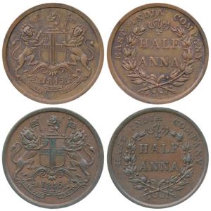 Copper ½ Anna (2), 1845, Calcutta Mint, 4 in date with serif and without serif, (Prid 137 