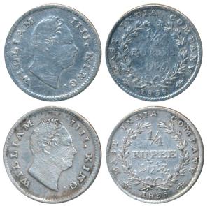 William IV, Silver ¼ Rupee, 1835, Bombay Mint, No initials, Wreath with 20 Berries (10L+10