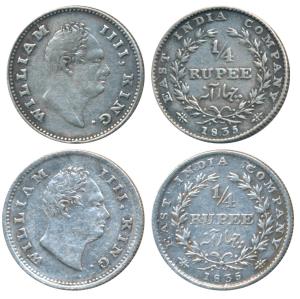 William IV, Silver ¼ Rupee, 1835, Calcutta Mint, F incuse, Wreath with 20 Berries (10L+10R