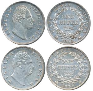 William IV, Silver Rupee, 1835, Calcutta Mint, F incuse, A / I, Two Leaves, 19 Berries, (P