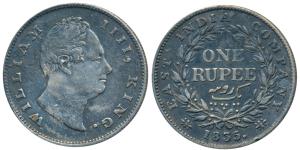 William IV, Silver Rupee, 1835, Calcutta Mint, F incuse, A / I, Two Leaves, 19 Berries, (P