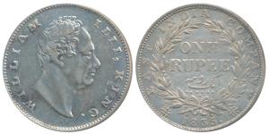 William IV, Silver Rupee, 1835, Calcutta Mint, F incuse, No dot after F, A / III, Bud Leav