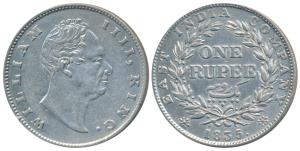William IV, Silver Rupee, 1835, Calcutta Mint, F incuse, dot after F, A / II, Bud Leaves, 