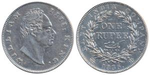 William IV, Silver Rupee, 1835, Calcutta Mint, F incuse, No dot after F, A / II, Bud Leave