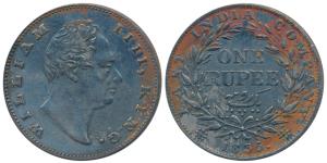 William IV, Silver Rupee, 1835, Calcutta Mint, F incuse, No dot after F, A / III, Bud Leav