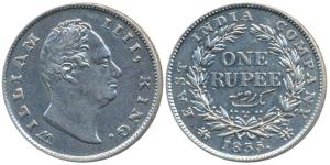William IV, Silver Rupee, 1835, Calcutta Mint, F raised, A / I, Two leaves, 19 Berries, (P