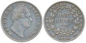 William IV, Silver Rupee, 1840, Mule, Calcutta Mint, F raised, A / I, Two leaves, 19 Berri