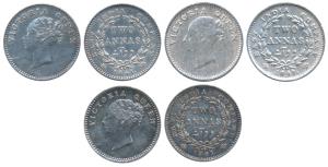 Victoria Queen, Silver 2 Annas (3), 1841, continuous legend, Calcutta Mint, English Head, 