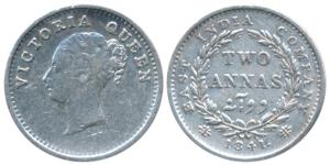 Victoria Queen, Silver 2 Annas, 1841, continuous legend, Madras Mint, English Head, S incu
