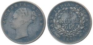 Victoria Queen, Silver ¼ Rupee, 1840, continuous legend, Calcutta Mint, Mule, Indian head,