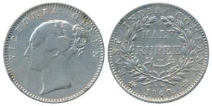 Victoria Queen, Silver ½ Rupee, 1840, continuous legend, Calcutta Mint, English Head, 19 B