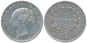 Victoria Queen, Silver ½ Rupee, 1840, continuous legend, Calcutta Mint, English Head, 19 B
