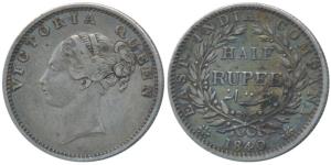Victoria Queen, Silver ½ Rupee, 1840, continuous legend, Calcutta Mint, Indian Head, 19 Be