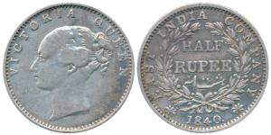 Victoria Queen, Silver ½ Rupee, 1840, continuous legend, Madras Mint, English Head, 19 Ber