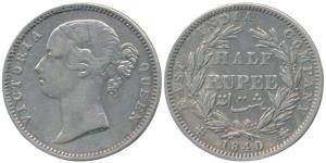 Victoria Queen, Silver ½ Rupee, 1840, divided legend, Madras Mint, B raised WW incuse, 24 