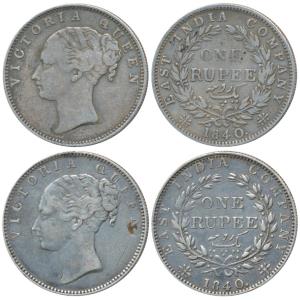 Victoria Queen, Silver Rupee (2), 1840, continuous legend, Bombay Mint, English Head, rev.