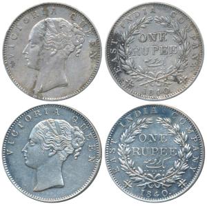 Victoria Queen, Silver Rupee (2), 1840, continuous legend, Bombay Mint, English Head, rev.