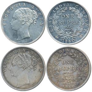 Victoria Queen, Silver Rupee (2), 1840, continuous legend, Bombay Mint, English Head with 
