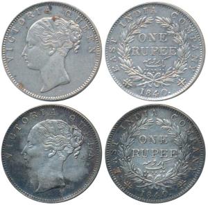 Victoria Queen, Silver Rupee (2), 1840, continuous legend, Calcutta Mint, English Head, Re