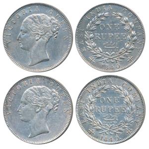 Victoria Queen, Silver Rupee (2), 1840, continuous legend, Calcutta Mint, English Head, Re