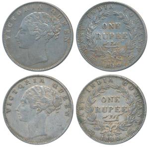 Victoria Queen, Silver Rupee (2), 1840, continuous legend, Calcutta Mint, Indian Head, 35 