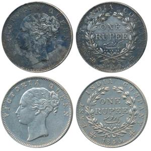 Victoria Queen, Silver Rupee (2), 1840, continuous legend, Madras Mint, English Head, S in