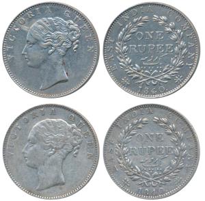 Victoria Queen, Silver Rupee (2), 1840, continuous legend, Madras Mint, English Head, S in
