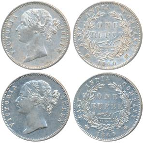 Victoria Queen, Silver Rupee (2), 1840, divided legend, Calcutta / Bombay Mint, WW raised,