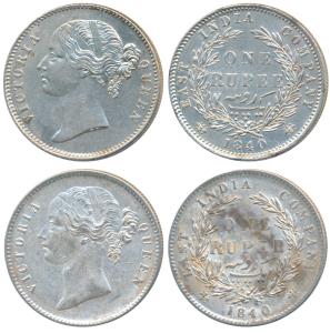 Victoria Queen, Silver Rupee (2), 1840, divided legend, Calcutta / Bombay Mint, WW raised,