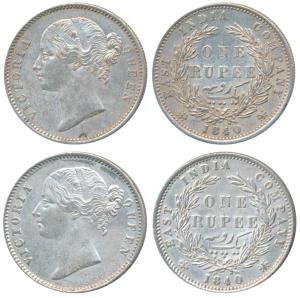 Victoria Queen, Silver Rupee (2), 1840, divided legend, Calcutta / Bombay Mint, WW raised,