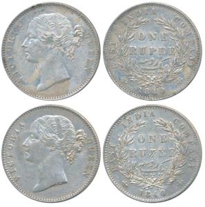 Victoria Queen, Silver Rupee (2), 1840, divided legend, Calcutta / Bombay Mint, WW raised,