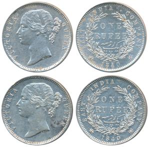 Victoria Queen, Silver Rupee (2), 1840, divided legend, Madras Mint, WWB raised, dot after