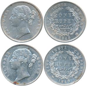Victoria Queen, Silver Rupee (2), 1840, divided legend, Madras Mint, WWB raised, dot after