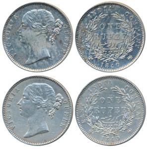 Victoria Queen, Silver Rupee (2), 1840, divided legend, Madras Mint, WWS raised, 28 Berrie