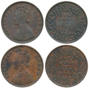 Victoria Queen, Copper ½ Anna, 1862, Madras Mint, (Prid 577); Bombay Mint, (Prid 578). Ver