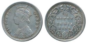 Victoria Queen, Silver ¼ Rupee, 1862, Madras Mint, A / I / No mint mark, (Prid 378). Very 