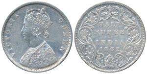 Victoria Queen, Silver ½ Rupee, 1862, Calcutta Mint, C / II, obv. as Wyon’s Design, (Prid 