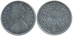 Victoria Queen, Silver ½ Rupee, 1862, Calcutta Mint, A / II, (Prid 254). Transitional Mule