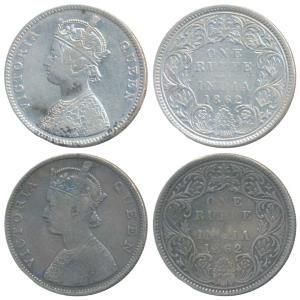 Victoria Queen, Silver Rupee, 1862, Bombay Mint, A / I / 0 / 4, (Prid 78); B / I / 0 / 4, 